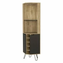 FM Furniture Grace Corner Bar Cabinet, Six Wine Cubbies, Four Shelves, Door, Two Shelves Storage & Organization Macadamia / Black Wengue