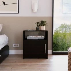 FM Furniture Bristol Nightstand, One Cabinet, Top Surface Storage & Organization Black Wengue