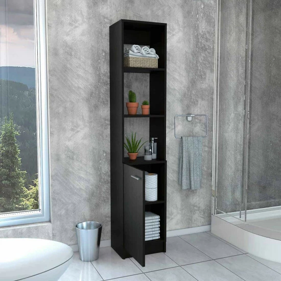 FM Furniture Kansas Linen Cabinet, Three Shelves, One Cabinet Storage & Organization Black Wengue 9 FM Furniture Kansas Linen Cabinet, Three Shelves, One Cabinet Storage & Organization Black Wengue - Image 9